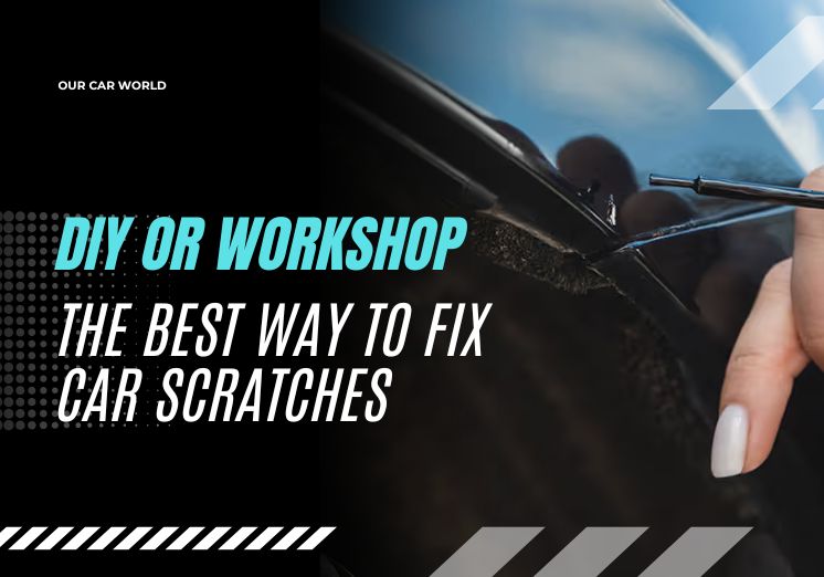 A person using a touch-up pen to repair a scratch on a black car door with the text "DIY or Workshop – The Best Way to Fix Car Scratches.