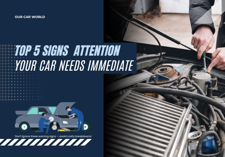 Illustrated banner showing a mechanic inspecting a car engine with the text "Top 5 Signs Your Car Needs Immediate Attention.