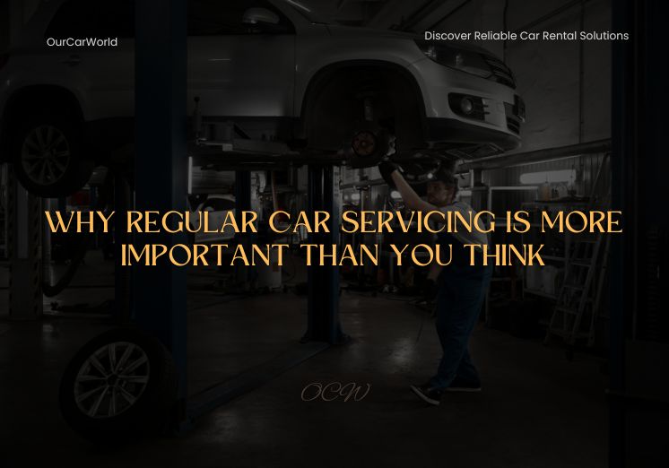 A mechanic working under a car lifted on a hydraulic jack in a workshop, with the blog title “Why Regular Car Servicing Is More Important Than You Think” overlaid in bold golden text.