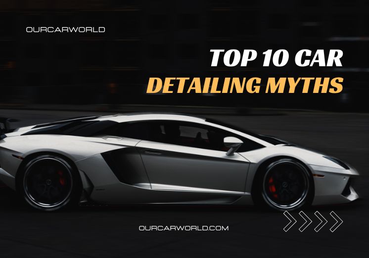 Sleek sports car driving at night with bold text overlay: Top 10 Car Detailing Myths