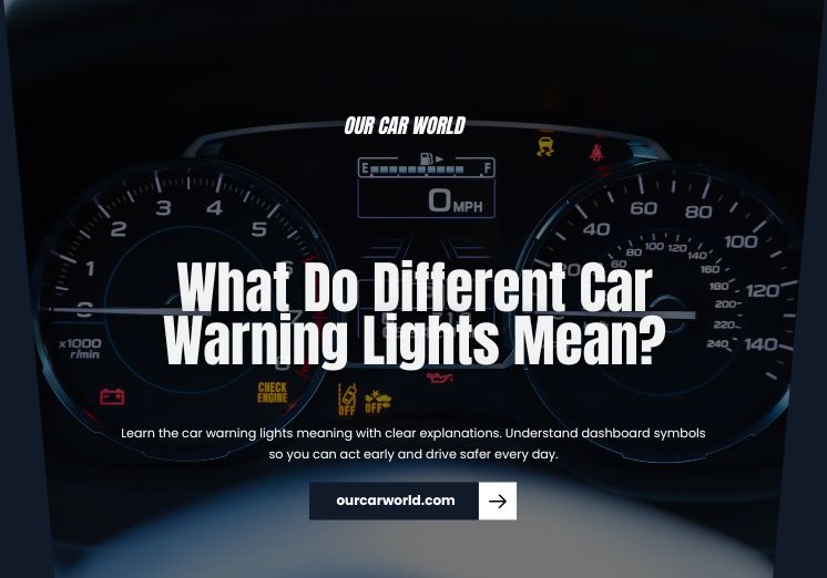 Car dashboard displaying warning lights like check engine, oil pressure, and brake alert with the text “What Do Different Car Warning Lights Mean?