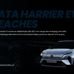 Tata Harrier EV at dealership with sleek design and advanced electric SUV features.