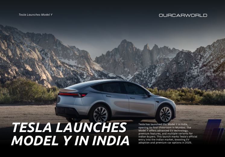 Tesla Model Y displayed against mountain backdrop as it launches in India with first showroom in Mumbai.