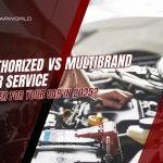 Split-screen image showing car service at authorized vs multibrand workshop with text "Authorized vs Multibrand Car Service – Better for Your Car in 2025?"