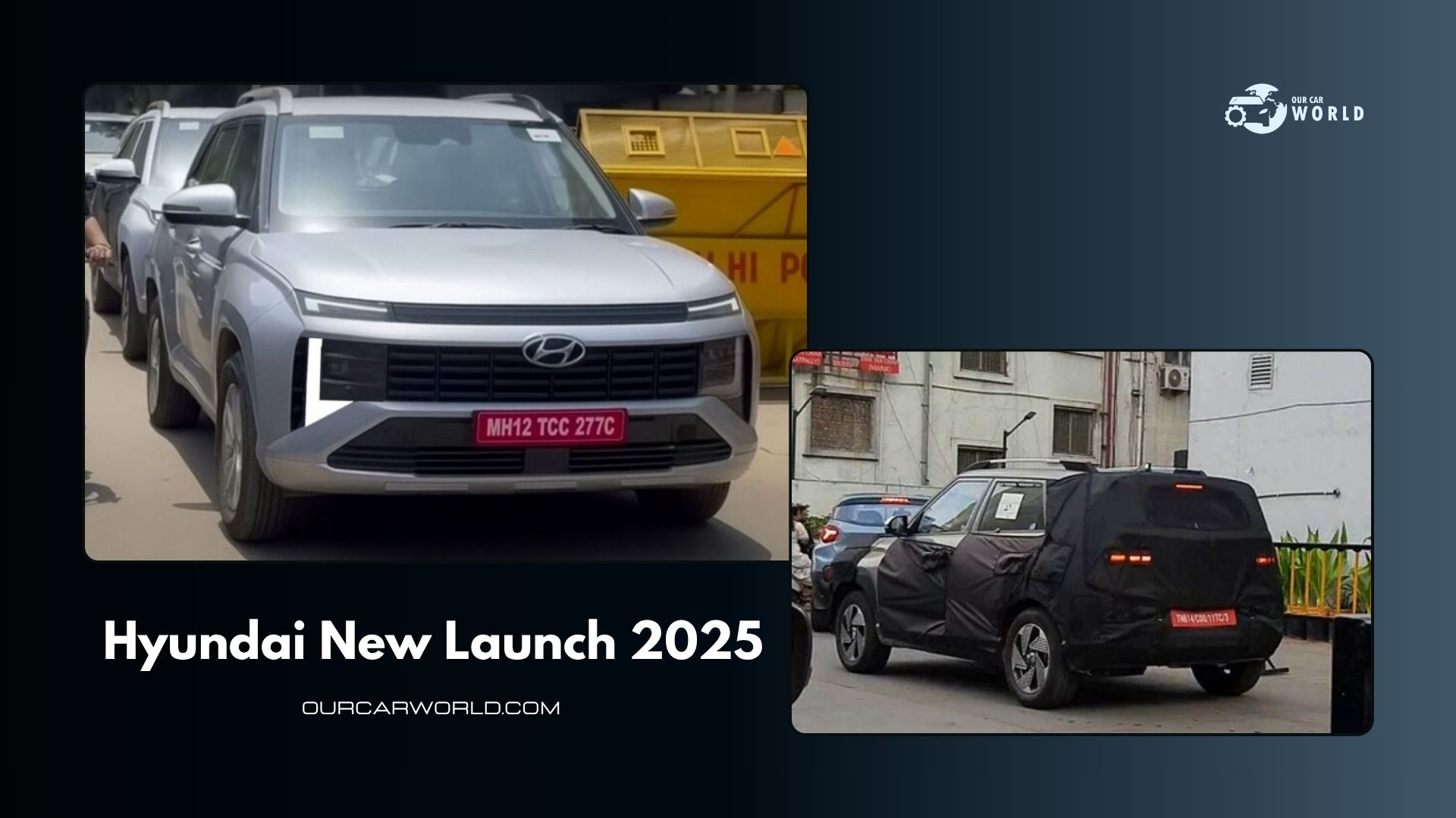 Spy images of Hyundai’s upcoming 2025 SUV showing both camouflaged and uncovered models, highlighting the new design and styling updates before launch.