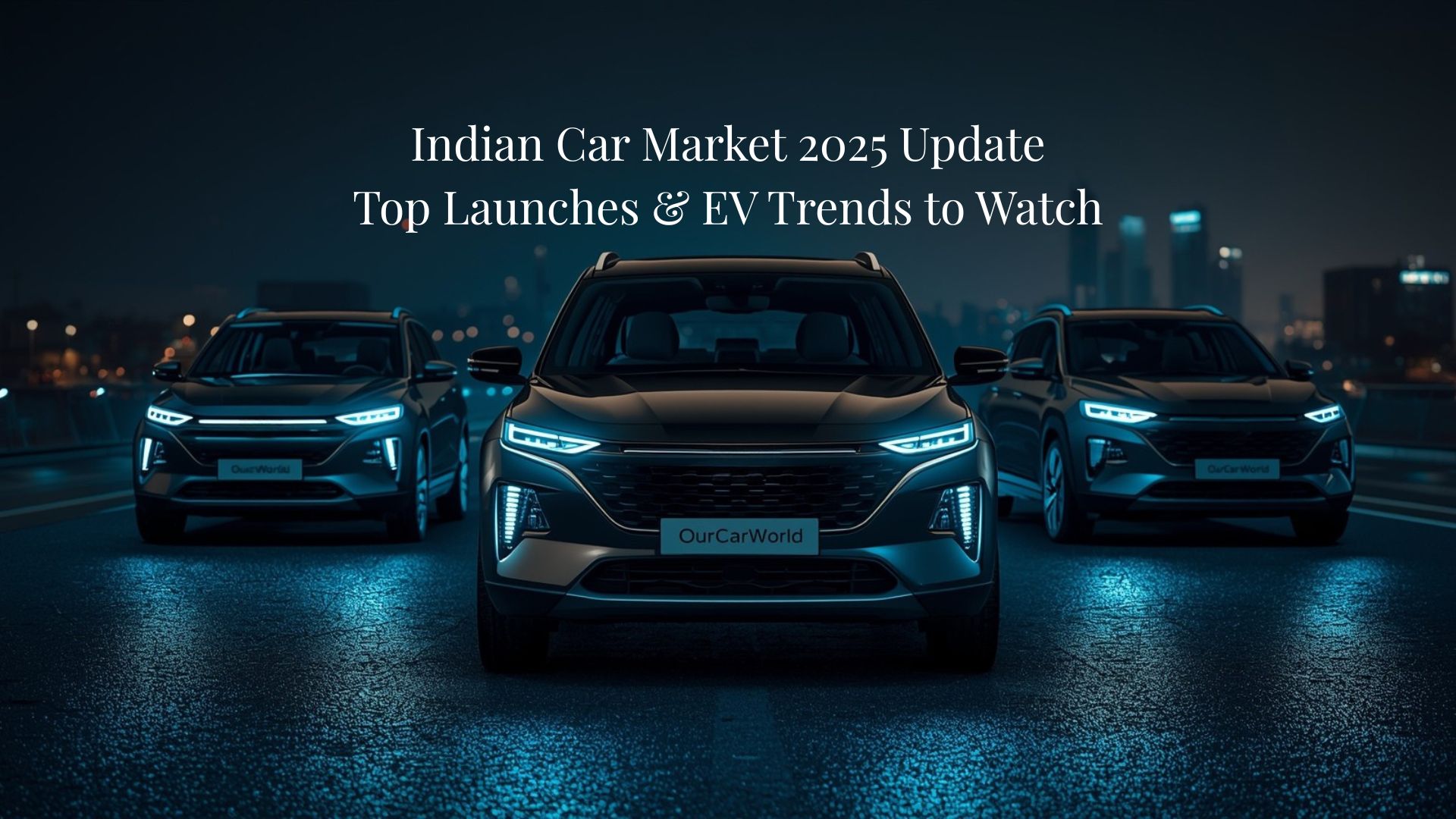 Lineup of modern 2025 cars on a city road at night representing Indian car market 2025 and EV trends, with OurCarWorld branding on number plate.