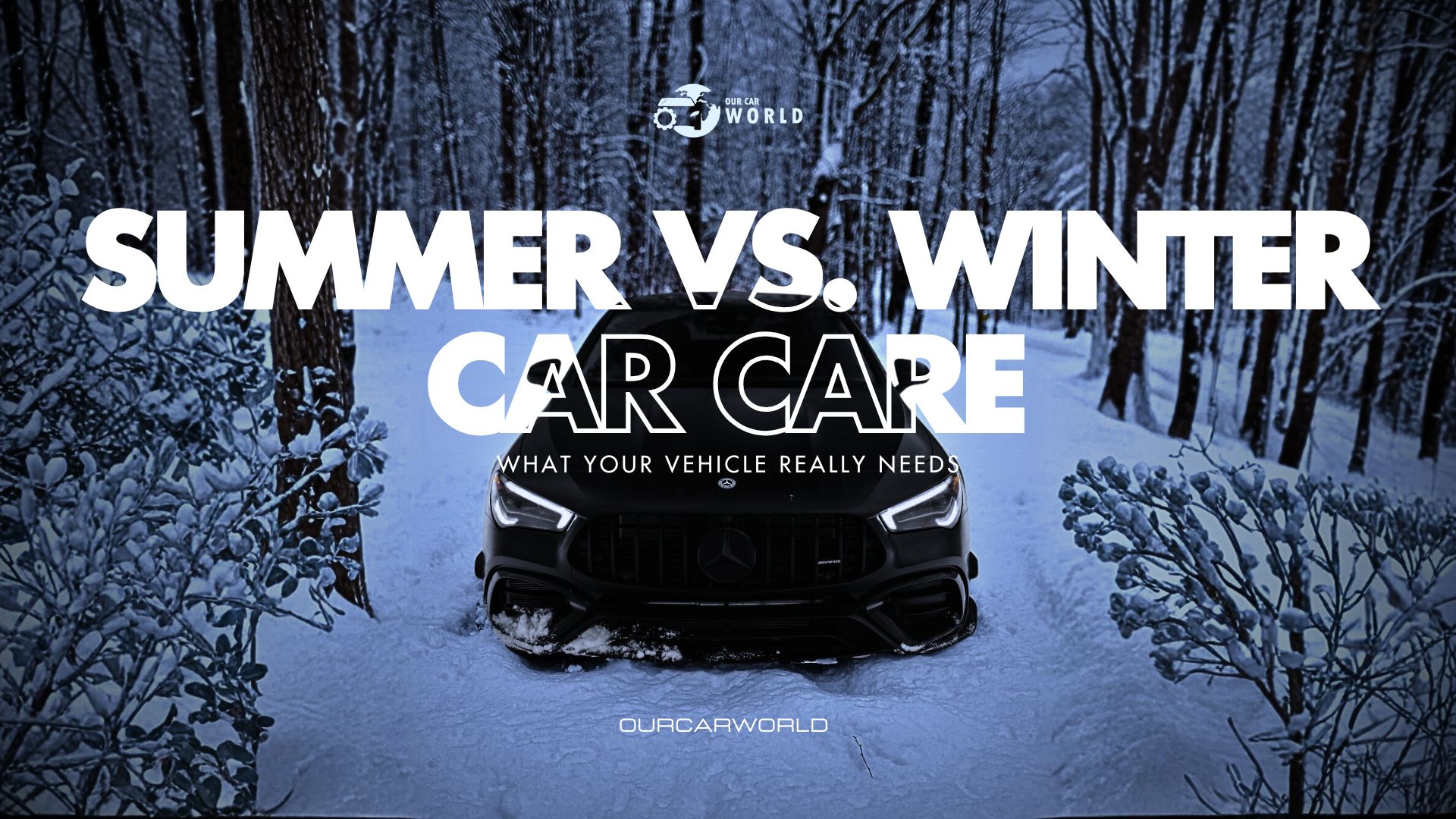 Car parked in a snowy forest showing seasonal contrast for summer vs winter car care guide