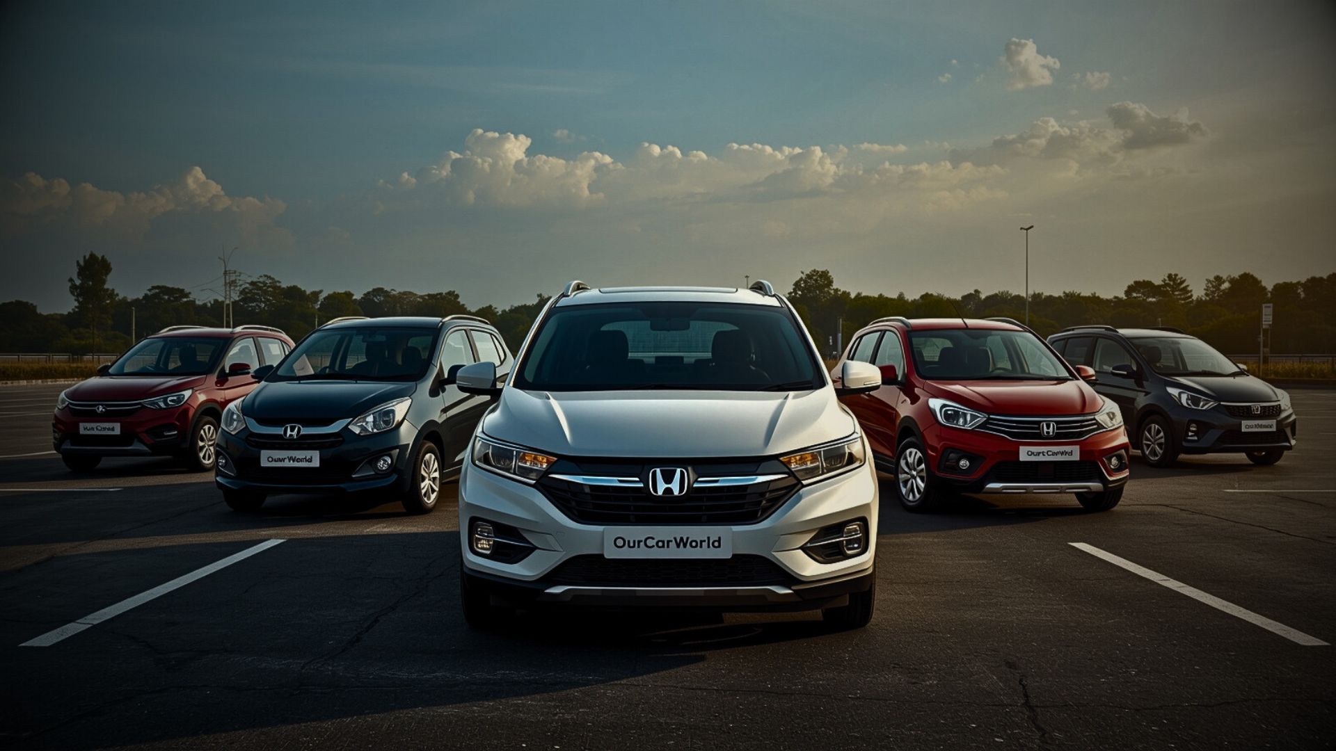 Lineup of popular Indian cars from Honda, Tata, and Maruti parked in a dealership lot under daylight with “OurCarWorld” plates