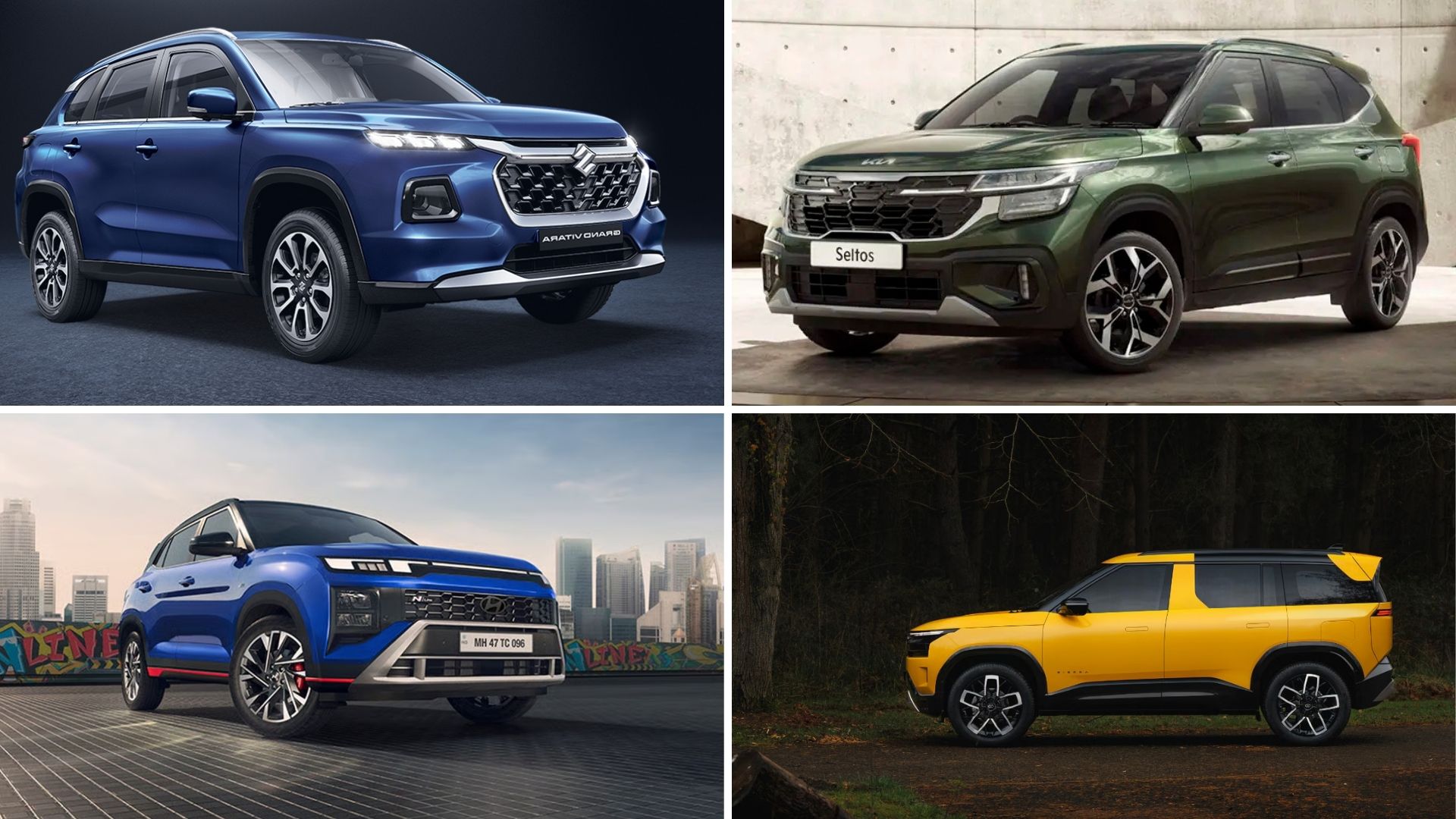 Comparison image of four SUVs: Maruti Grand Vitara, Kia Seltos, Hyundai Creta, and Tata Sierra in different colors and environments.